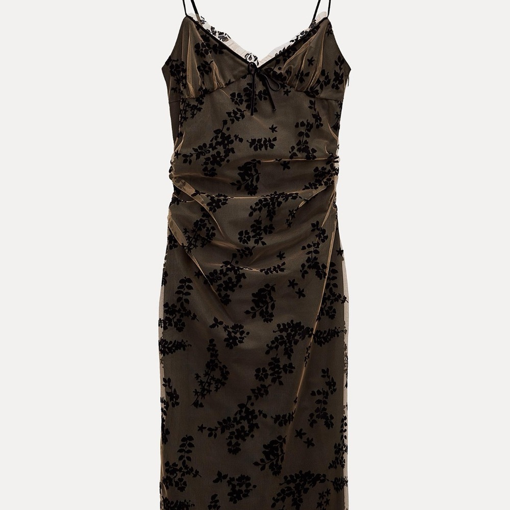 Zara Black and Brown Floral Midi Dress
